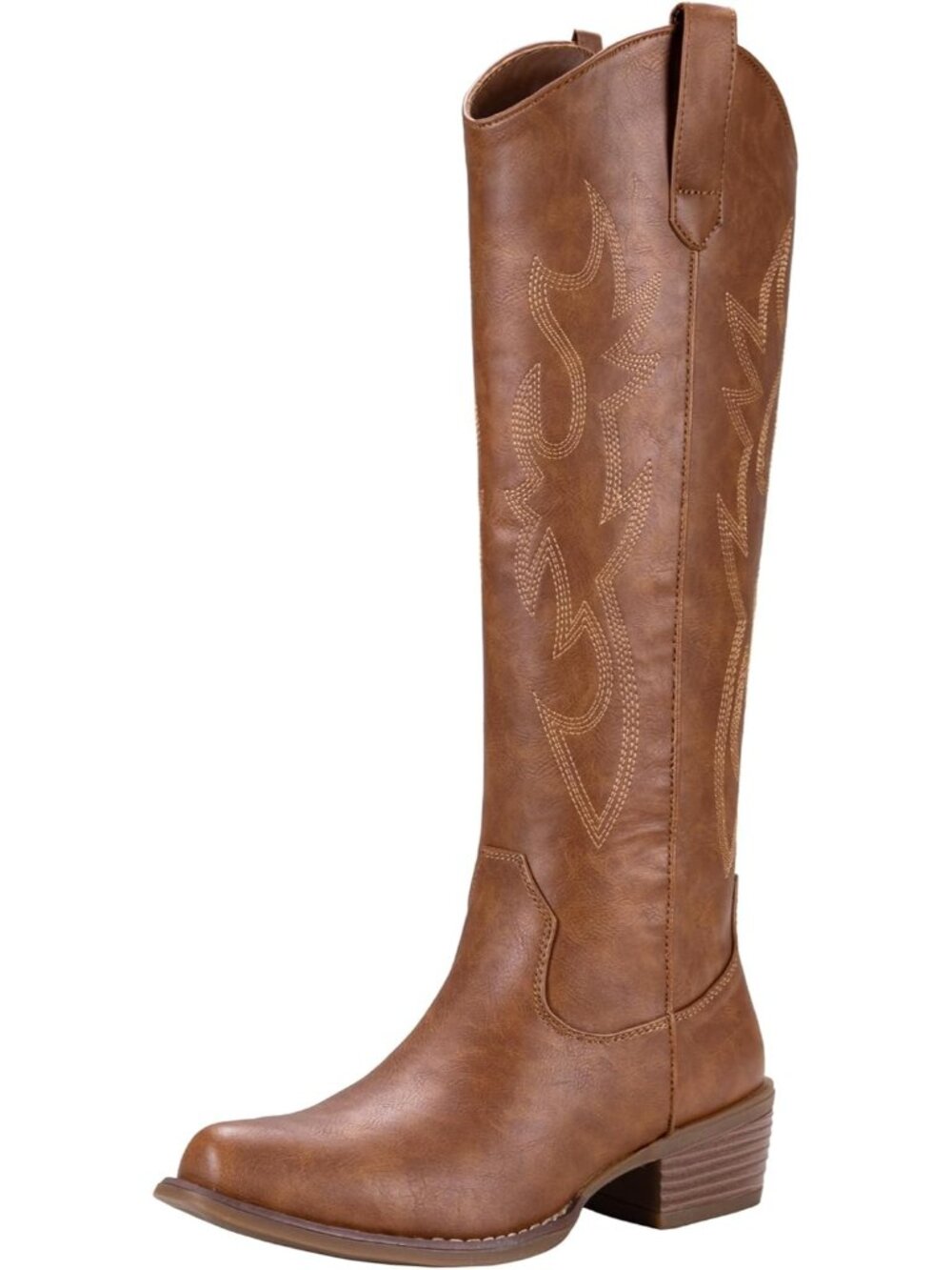 Women's Brown Knee High Western square Toe Side Zipper Low Heel Cowgirl Boot